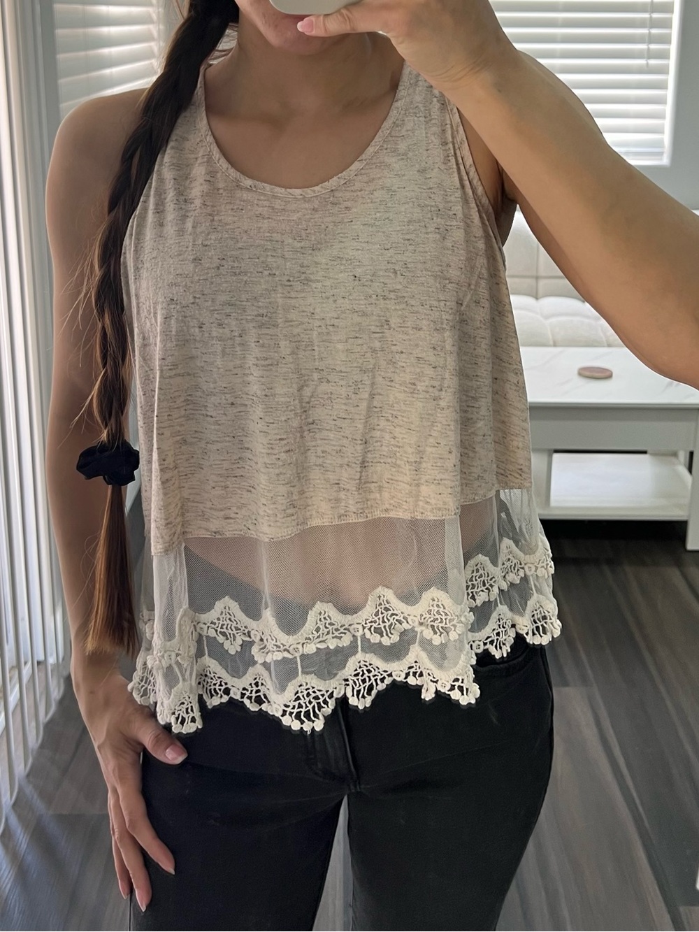 PacSun Cream Lace-Trim Sleeveless Tank Top